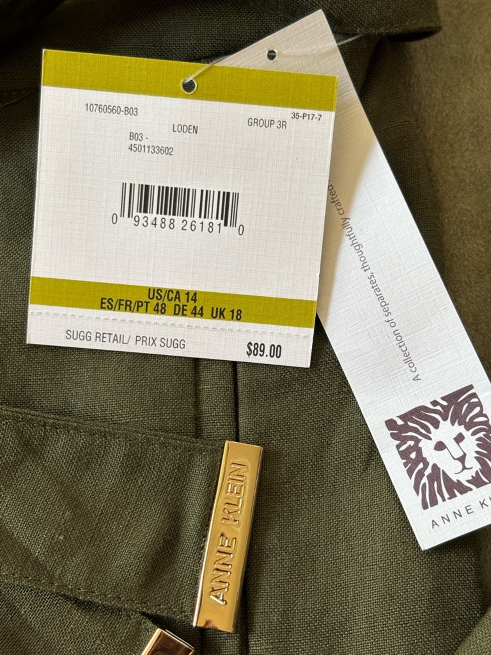 ANNE KLEIN NWT Women’s SZ 14 Olive Green Ankle Pants, Straight Leg, Linen Blend - Picture 11 of 16